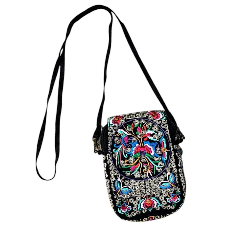 Black Boho Ethnic Folk Canvas Multicolor Embroidered Mini Floral Crossbody Bag